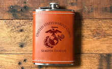 Load image into Gallery viewer, Leather wrapped USMC 8 oz Flask | Stainless Steel Hip Flask for Liquor
