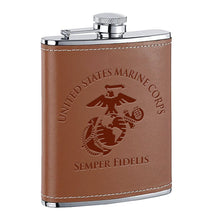 Load image into Gallery viewer, Leather wrapped USMC 8 oz Flask | Stainless Steel Hip Flask for Liquor
