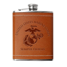 Load image into Gallery viewer, Leather wrapped USMC 8 oz Flask | Stainless Steel Hip Flask for Liquor
