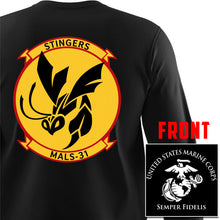 Load image into Gallery viewer, MALS-31 USMC long sleeve Unit T-Shirt, MALS-31, USMC gift ideas for men, USMC unit gear, MALS-31 logo, Marine Aviation Logistics Squadron 31 logo, Marine Corp gifts men or women 
