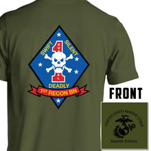 Load image into Gallery viewer, 1st Recon Bn USMC Unit T-Shirt, 1st Recon Bn logo, USMC gift ideas for men, Marine Corp gifts men or women 1st Recon Bn 1st Reconnaissance Bn green pt shirt
