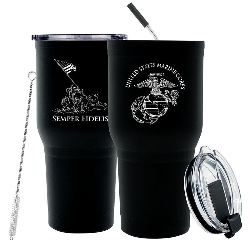 Military Gift Shop 30 oz USMC Black Double Wall Vacuum Insulated Stainless Steel Marine Corps Tumbler Travel Mug-Leakproof Lid
