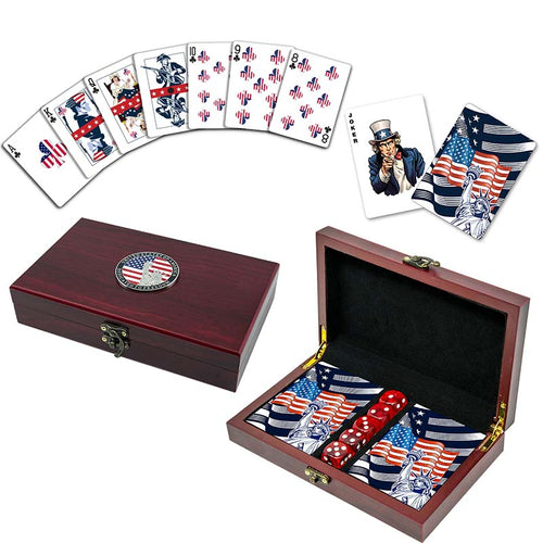 US Flag Patriotic Playing Cards and Dice Set, Wooden Box American Flag Card Set and Dice